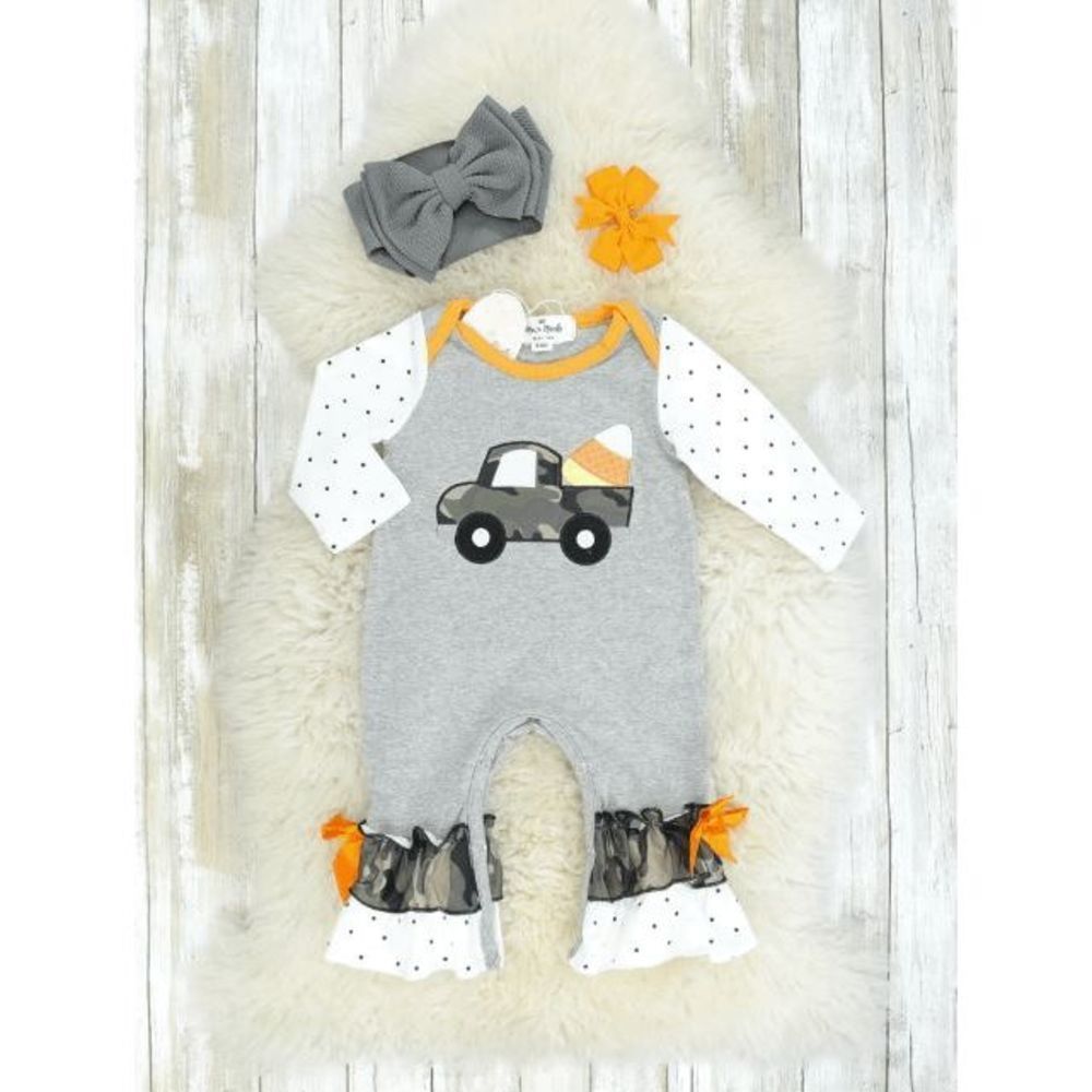 Boutique Camo Candy Corn Truck Ruffle Romper - 3/6MOS